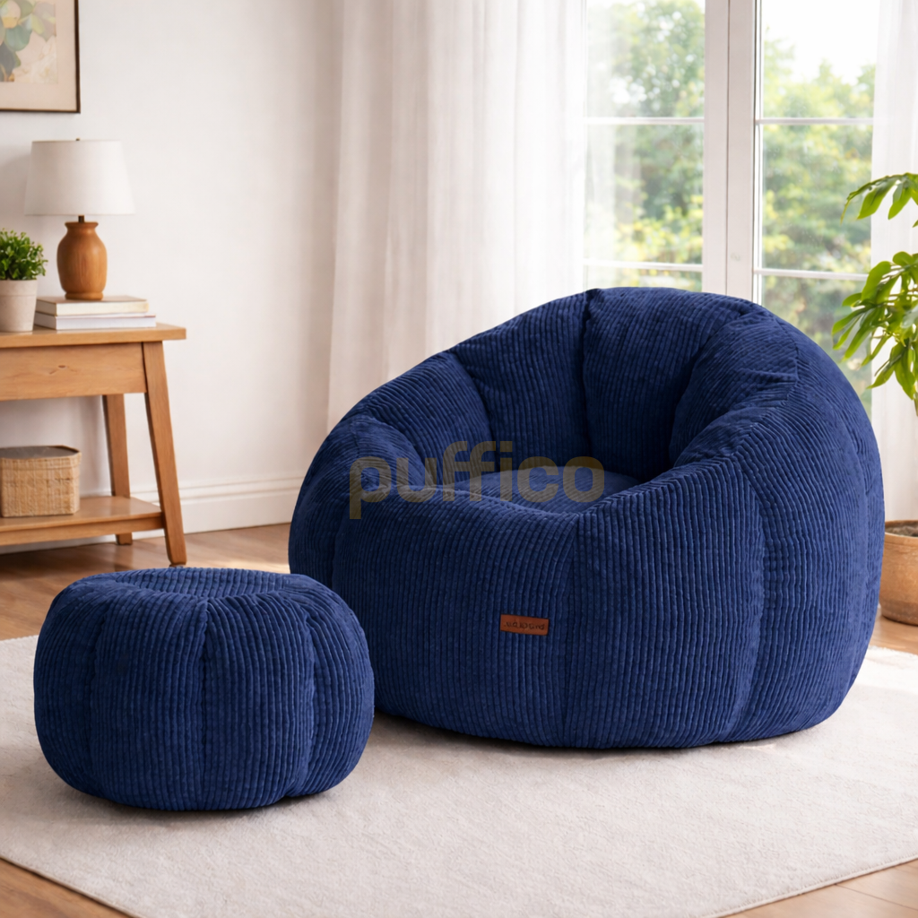 Ergonomik Yer Tipi TV Koltuğu – Yetişkin Armut Puf Berjer 105x80 cm | Modern Salon & Balkon Koltuğu lacivert
